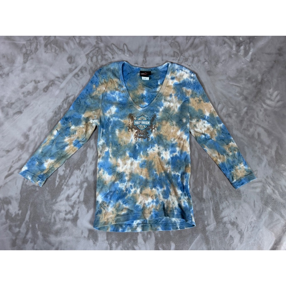 Harley Davidson Tie Dye V-Neck Shirt L Blue Tan 2006 Y2K vintage